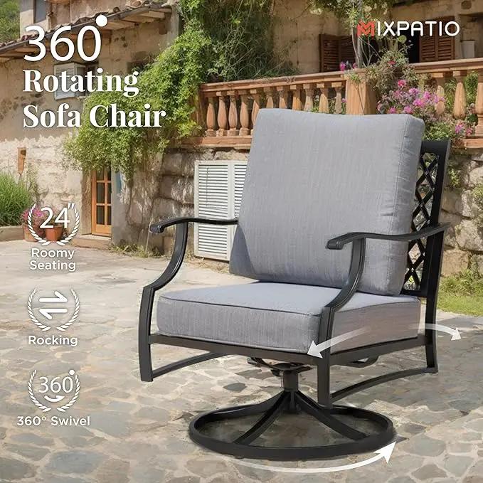 Patio Furniture Set with Fire Pit Table, 5 Pcs Metal Outdoor Conversation Set, 4 Swivel Chairs with 5.75" Extra Thick Cushion and 28" Fire Pit Table for Backyard Deck, Grey by GreenHaven Gardens