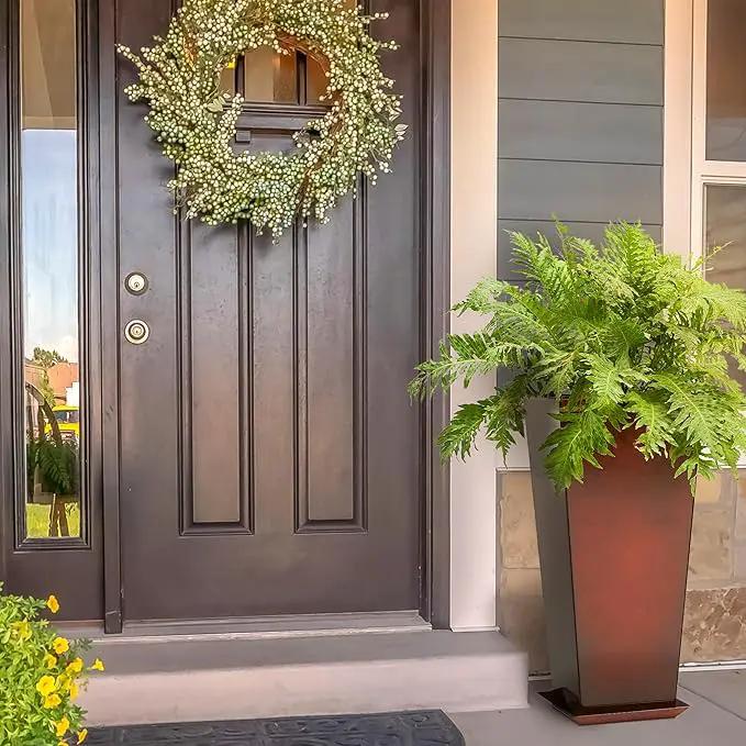 WORTH Garden 25" Large Metal Glazed Planter Set of 2, Luxurious Glossy Finish Red Tall Square Tapered Steel Plant Pots, Decor Flower Pot Indoor & Outdoor, Drainage Hole & Dual-Purpose Plant Saucer by GreenHaven Gardens