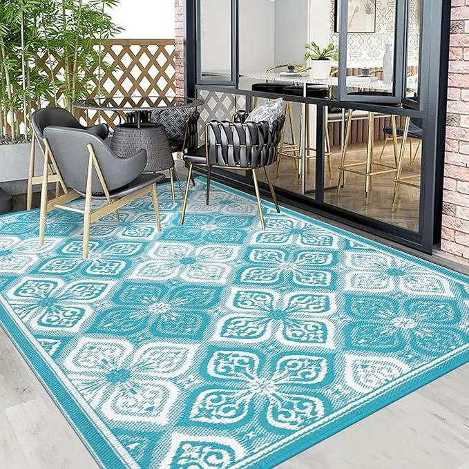 Pauwer Waterproof Outdoor Rug 6x9, Reversible Plastic Straw Patio Camping Rug, Indoor Outdoor RV Mat Carpet for Deck, Camper, Porch, Balcony, Backyard, Picnic, Clover Teal by GreenHaven Gardens