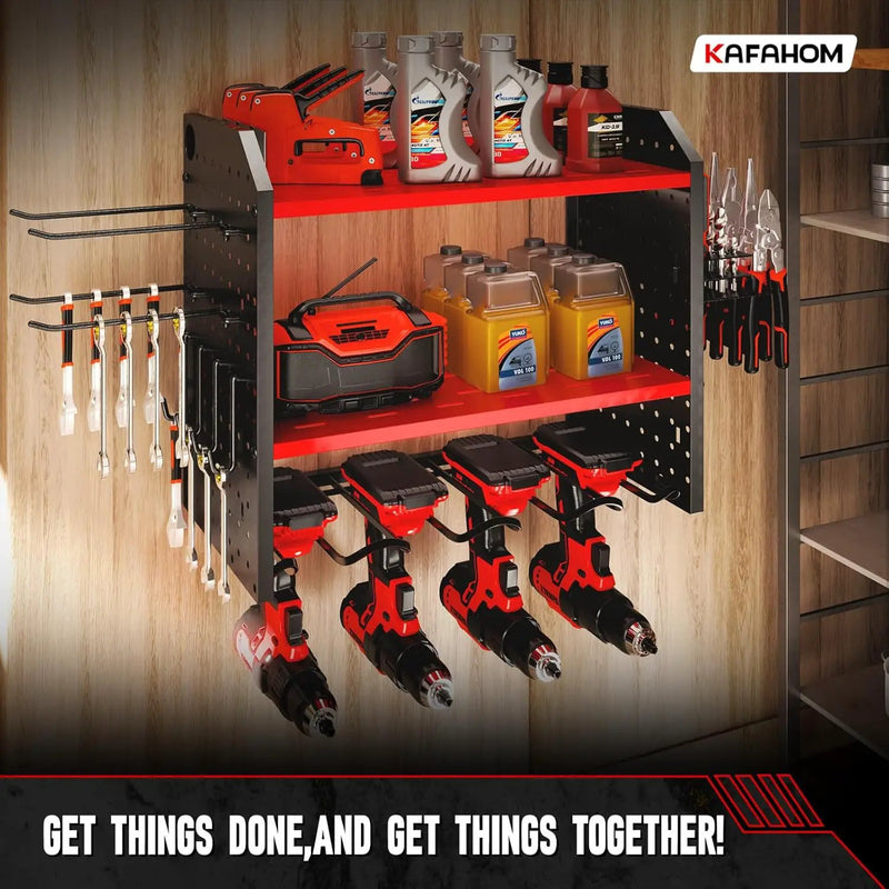 KAFAHOM Power Tool Organizer for Tool Storage, Drill Holder Wall Mount With 2 Side Pegboards, Metal Tool Shelf with 12 Hooks, Tool Organizers Storage Rack, Utility Cordless Drill Rack Red by GreenHaven Gardens