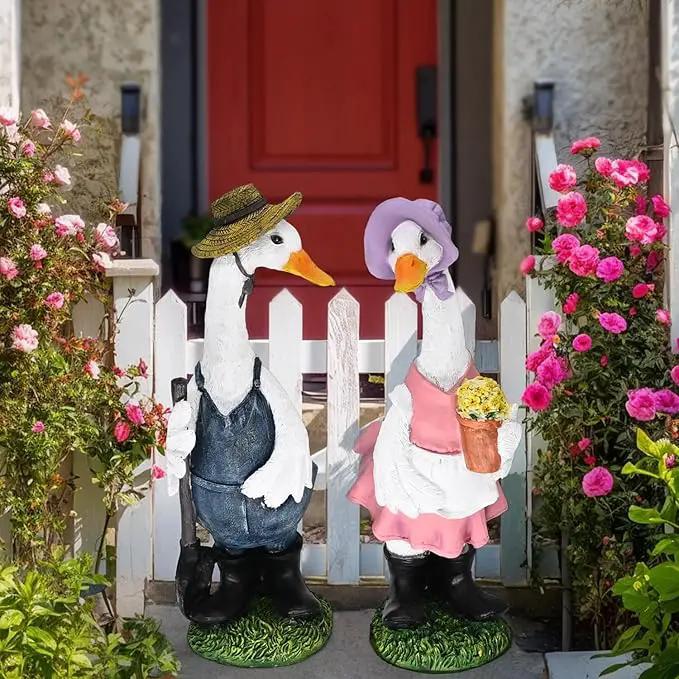 Porch Goose Statue with Outfits Large Garden Sculpture Home Outdoor Decorations Lawn Resin Big Duck Figurine Outside Yard Geese Decor Life Size Farmhouse Duckling Couple Dress Up by GreenHaven Gardens