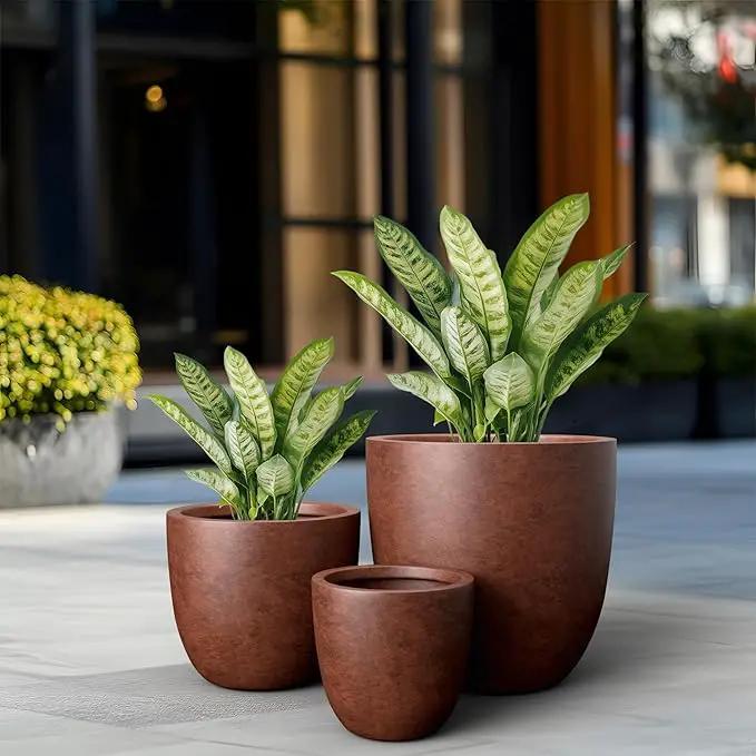 Kante 18",14",10" Dia Concrete Round Planters (Set of 3), Outdoor Indoor Large Planter Pots with Drainage Hole and Rubber Plug for Home Patio Garden, Rusty by GreenHaven Gardens