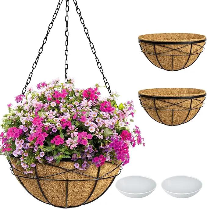Hanging Planters for Outdoor Plants: 2 Pack 16" Hanging Baskets Flower Pots with Coco Liners & Plastic Saucer Large Deep Hanging Plant Holder for Porch Balcony Garden Décor by GreenHaven Gardens