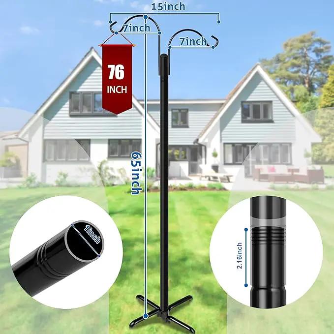 Ottsuls Double Shepherds Hooks for Outdoor, 76 Inch Bird Feeder Pole with 5 Prong Base, Upgrade 1 INCH Thick Heavy Duty Planter Hook for Hanging Baskets, Lantern,1 Pack by GreenHaven Gardens