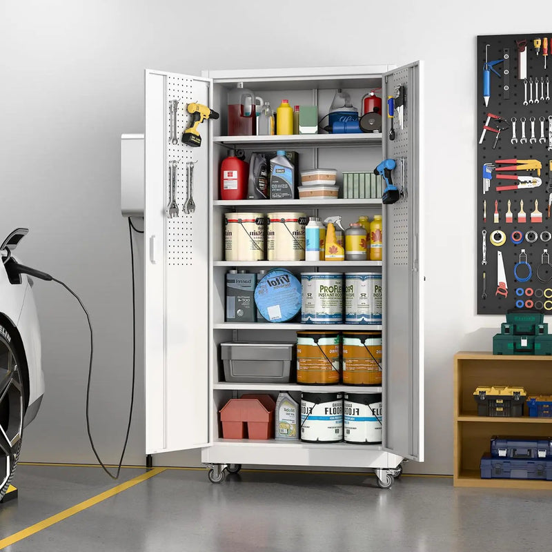 Metal Garage Storage Cabinet with Wheels & Pegboard, Lockable Metal Storage Cabinets with 2 Doors&5 Adjustable Shelves for Garage&Home,Assembly Required,White 71''H x32''W x16''D by GreenHaven Gardens
