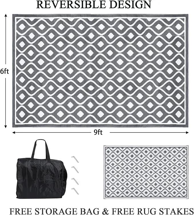 Pauwer Waterproof Outdoor Rug 6x9, Reversible Plastic Straw Patio Camping Rug, Indoor Outdoor RV Mat Carpet for Deck, Camper, Porch, Balcony, Backyard, Picnic, Geometric Grey by GreenHaven Gardens