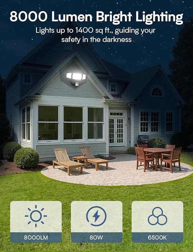 Olafus 80W Motion Sensor Outdoor Lights, 8000lm Hardwired Motion Flood Light Dusk to Dawn, IP65 Waterproof LED Security Floodlights, 6500K Motion Detector Lights for Outside, Black by GreenHaven Gardens