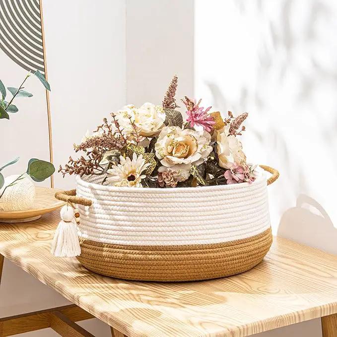 KAKAMAY Woven Baskets for Storage(16"x8"),Blanket Basket for Organizing Living Room,Cotton Rope Basket Woven Baby Laundry Hamper,Collapsible Laundry Room Organization,Clothes,Toy Chest(Brown) by GreenHaven Gardens
