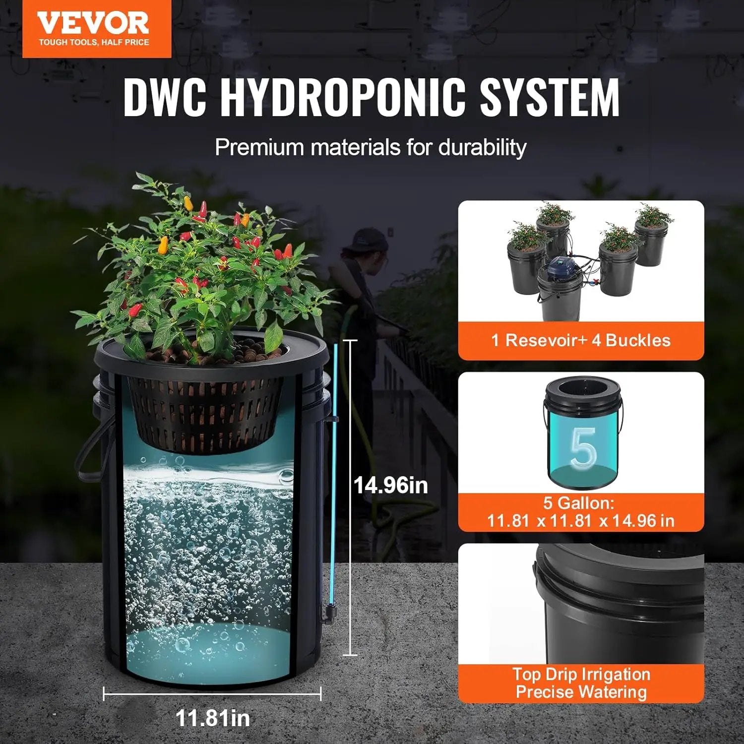 VEVOR RDWC Hydroponics Grow System, Hydroponic Growing Kit with Top Drip, Recirculating Deep Water Culture 4 Buckles and 1 Reservoir, with Air Pump and Water Level Device for Leafy Vegetables by GreenHaven Gardens