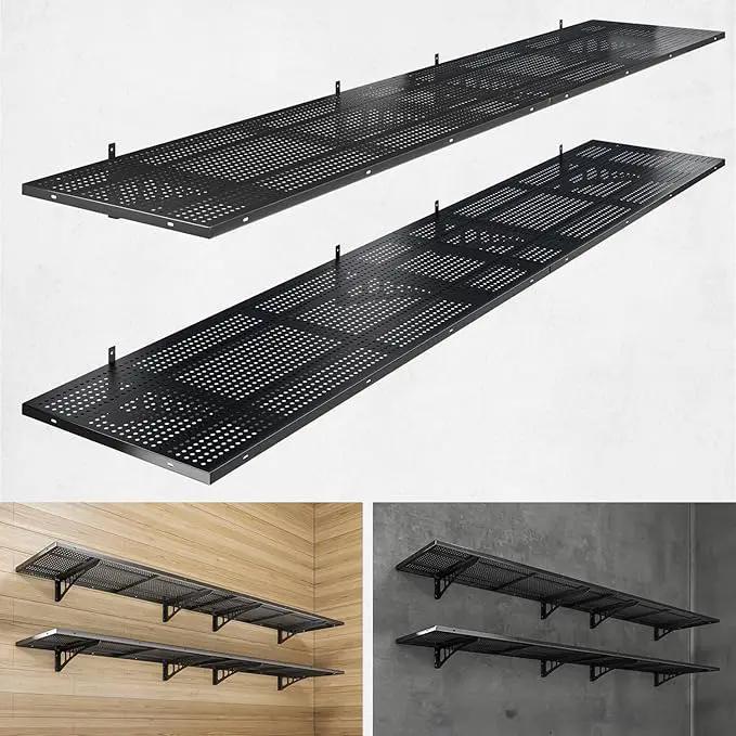 4-Pack 1.5x4ft Heavy Duty Garage Wall Shelving, 1000 lbs Load Capacity, Garage Shelving Wall Mounted, Garage Storage Rack with Hooks, Black by GreenHaven Gardens