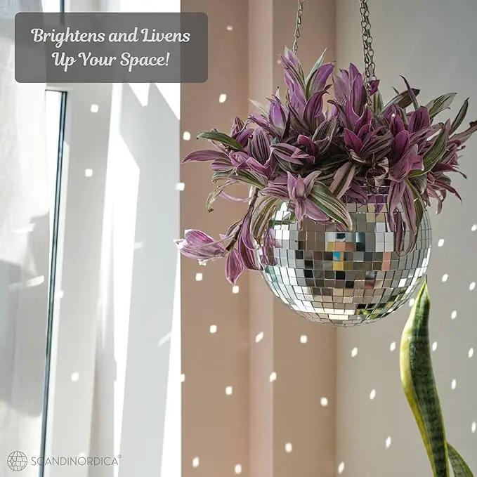 SCANDINORDICA Disco Ball Planter – Value Package: Disco Planter with Chain, Macrame Hanger and Acrylic Stand, Includes Self Watering Insert, Preppy Room Decor, Funky Decor | 8 inch Silver by GreenHaven Gardens