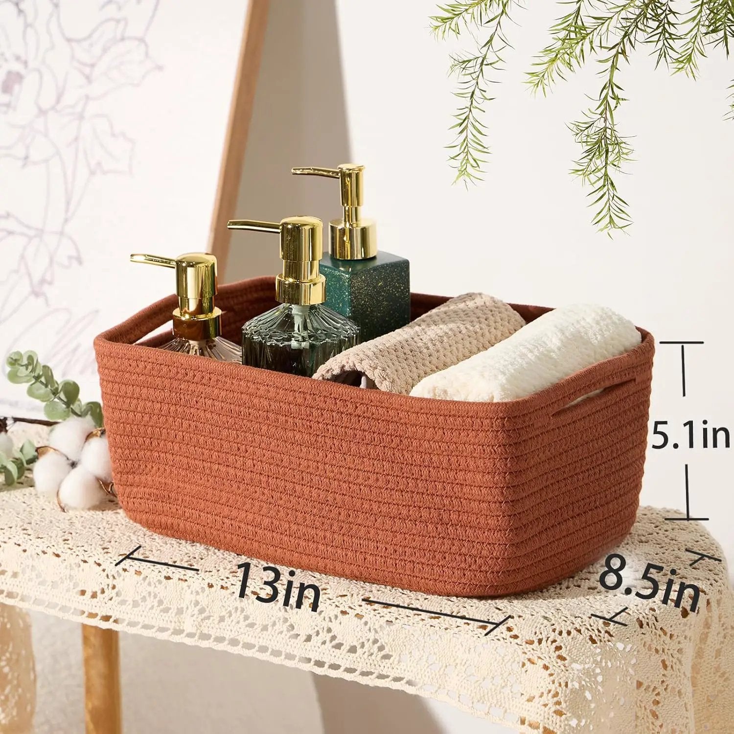 Small Storage Baskets for Organizing | Closet Organizer Bins | Shelf Toy Basket | Woven Rope Baskets | Cube Decorative Box | Shallow Basket | 13x8.5x5.1” | 3 Packs Oxide Red by GreenHaven Gardens