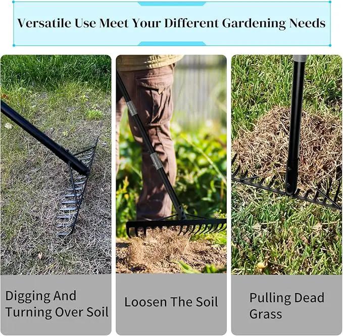 Heavy Duty Bow Rake with Stainless Steel Handle for Farming Land Management Leaf Gathering Durable Ergonomic Garden Tool with 16 Tine Head 63 Inch Assemble Long Shaft Suitable for Large Areas by GreenHaven Gardens