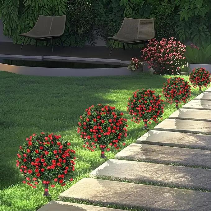 Artificial Boxwood Topiary Tree with Rose, Set of 2 Artificial Shrub Bushes with Ground Spike, Fake Evergreen Tree for Porch, Artificial Plants for Outdoor Planters Indoor UV Resistant by GreenHaven Gardens