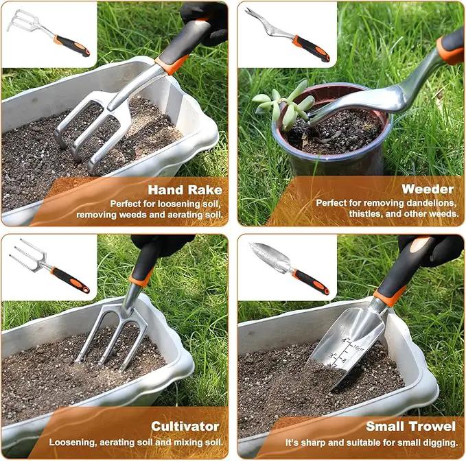 Garden Tool Set with Non Slip Rubber Grip,8 Piece Stainless Steel Gardening Tool Sets,Heavy Duty Outdoor Hand Tools Durable Storage Tote Bag,Uprooting Weeding Tool, Gifts for Women Men(Orange) by GreenHaven Gardens
