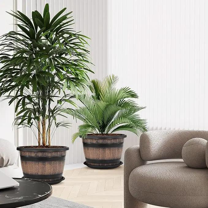 Quarut Large Plastic 4 Pack14 inch Plant Pots,Whiskey Barrel Planters with Drainage Holes & Saucer.Flower Pots Imitation Wine Barrel Design for Indoor & Outdoor Garden Balcony Plants.5 Gallons(Brown) by GreenHaven Gardens