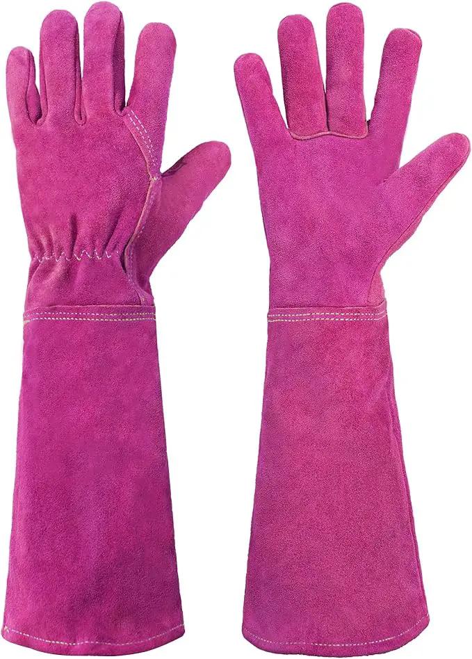 HANDLANDY Ladies Leather Gardening Gloves, Thorn Proof Women Rose Pruning Garden Yard Glove, Heavy Duty Long Sleeve Gloves (Small, Rosy) by GreenHaven Gardens