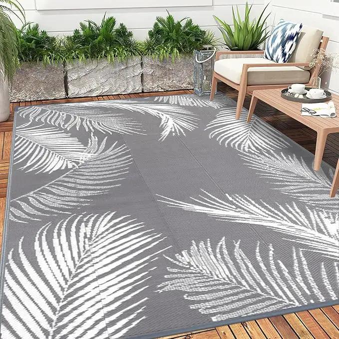 Pauwer Waterproof Outdoor Rug 8x10, Reversible Plastic Straw Patio Camping Rug, Indoor Outdoor RV Mat Carpet for Deck, Camper, Porch, Balcony, Backyard, Picnic, Leaf Grey by GreenHaven Gardens