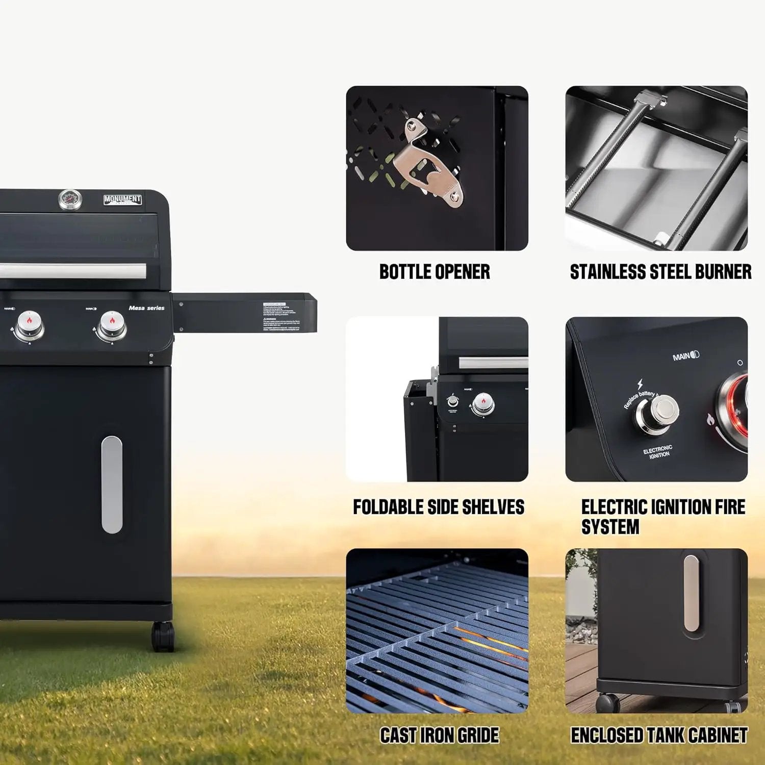 Monument Grills 2-Burner Stainless Steel Liquid Propane Gas Grill, Two Foldable Shelves Patio Garden Barbecue Grill with Clearview® Lid, Knob Control Mesa220, Black by GreenHaven Gardens