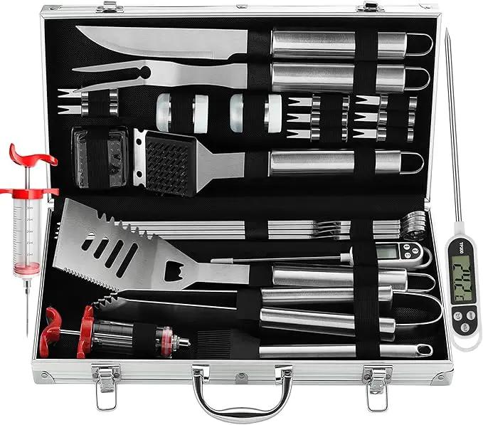 Grilljoy 24PCS BBQ Grill Tools Set with Meat Thermometer and Injector - Extra Thick Stainless Steel Fork, Spatula& Tongs - Complete BBQ Accessories in Aluminum Case - Perfect Grill Gifts for Men by GreenHaven Gardens