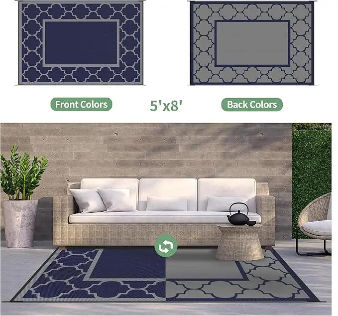 GENIMO Outdoor Rug 5' x 8' Patio Waterproof, Foldable Reversible Plastic Straw Area Rugs Mat for Camper Decor, Outside Carpet for Rv, Deck, Porch, Picnic, Beach, Balcony, Blue & Grey by GreenHaven Gardens