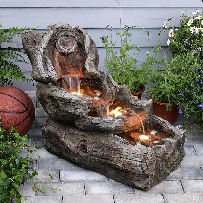 31.5" L Garden Water Fountain Outdoor, Artifical Imitation Wood Outdoor Water Fountain Natural Waterfall with LED Lights for Patio,Porch,Backyard,Home Art Decor（Resin） by GreenHaven Gardens