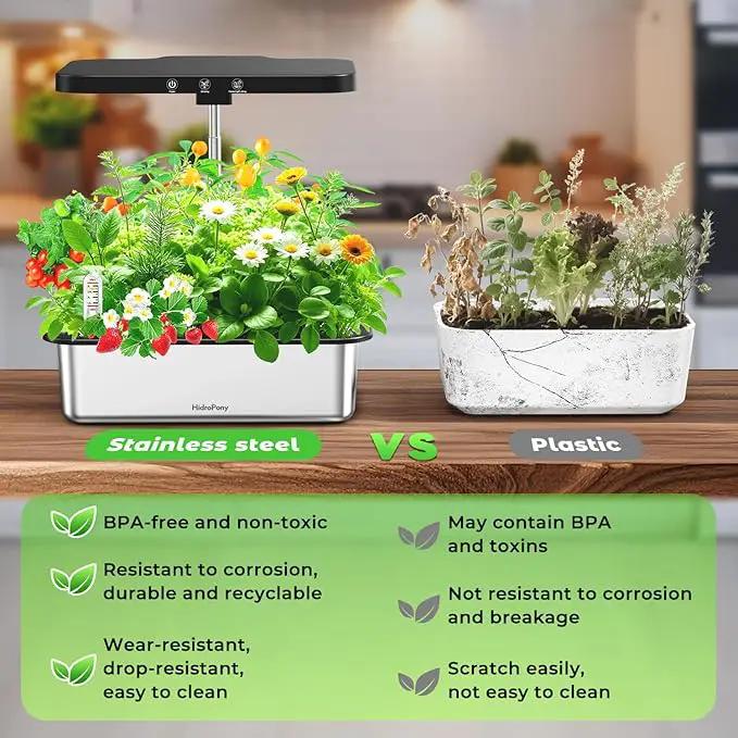Stainless Steel Hydroponics Growing System kit Indoor Garden: 15 Pods Herb Garden with 24W Full Spectrum Grow Light, Hydroponic Gardening System with Silent Pump, Planting Height Up to 19.7" by GreenHaven Gardens