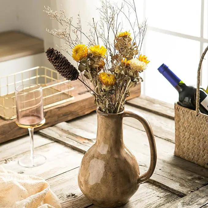 Brown Ceramic Vase with Big Handles, Modern Farmhouse Decor, Rustic Pottery for Flowers, Decorative Terracotta Centerpiece for Dining Table by GreenHaven Gardens