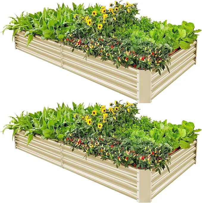 Land Guard 2 Pack 8×4×1ft Galvanized Metal Raised Garden Bed, Metal Planter Kit Box Outdoor for Deep-Rooted Vegetables, Flowers, Green and Herbs (Cream Yellow) by GreenHaven Gardens