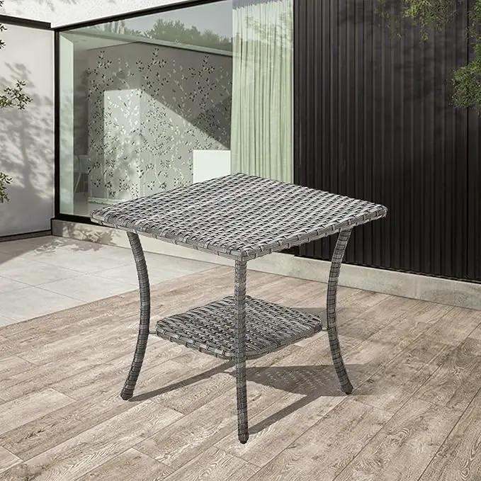 Patio Tables Outdoor Coffee Table - Wicker Rattan Side Tables with 2-Tier Storage Shelf End Table for Porch Deck Balcony Garden Outside Square Mixed Grey by GreenHaven Gardens
