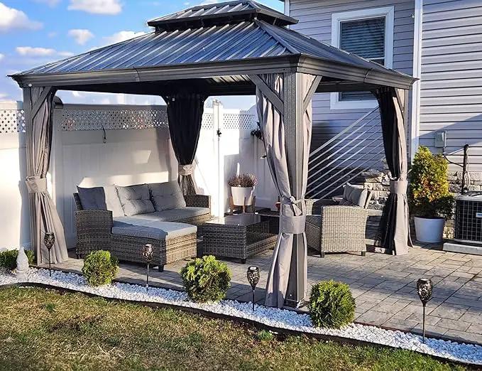 Kozyard Alexander 10' X 12' Hardtop, Aluminum Metal Gazebo with Galvanized Steel Double Roof Canopy, Curtain and Netting, Permanent Pavilion for Patio, Backyard, Deck, Lawn (Gray) by GreenHaven Gardens