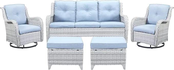 5 Piece Outdoor Patio Furniture Set - Wicker Furniture Patio Conversation Set, Outdoor Swivel Rocker Chairs with 3-Seater Sofa and 2 Ottomans for Small Space, Baby Blue Cushion by GreenHaven Gardens
