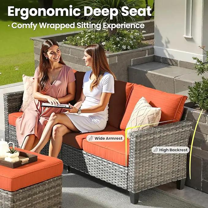 ovios 6 Pieces Patio Furniture Set with 54" Fire Pit Table, Outdoor Wicker Sofa with Comfy Cushions, All Weather High Back Rattan Couch Conversation Set, Orange Red by GreenHaven Gardens