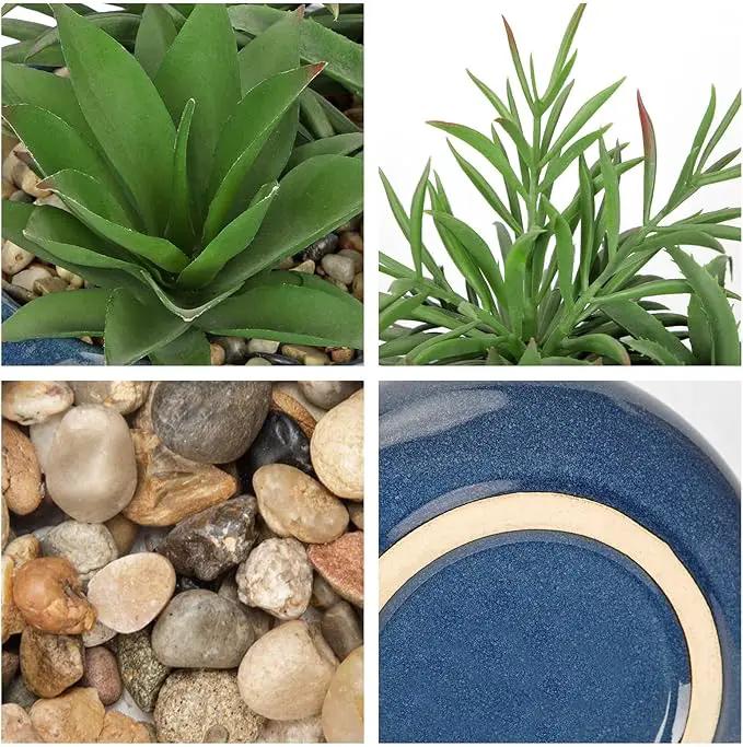 Hollyone Large Artificial Succulents Plants with Blue Vase Faux Succulents Fake Succulent Potted Plant in Ceramic Pot for Home Decor Office Desk Bathroom Living Room Indoor & Outdoor Decorations by GreenHaven Gardens