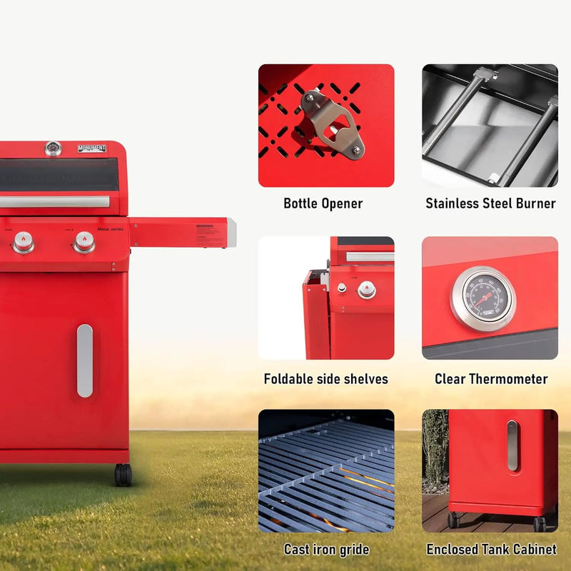 Monument Grills 2-Burner Stainless Steel Liquid Propane Gas Patio Garden Barbecue Grill with Clearview® Lid, Knob Control and Two Foldable Shelves Mesa200R with BBQ Cover, Red by GreenHaven Gardens