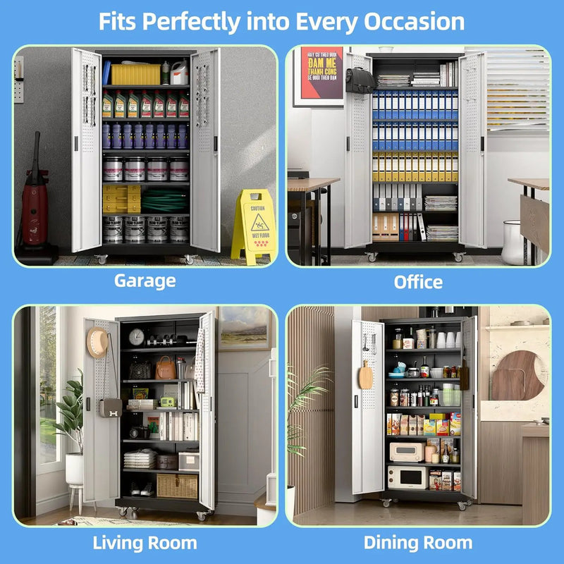 Upgraded Wide & Deep Metal Garage Storage Cabinet with Wheels & Pegboard, Lockable Metal Storage Cabinets with 2 Doors&5 Adjustable Shelves for Garage&Home,Assembly Required,Black Gray by GreenHaven Gardens