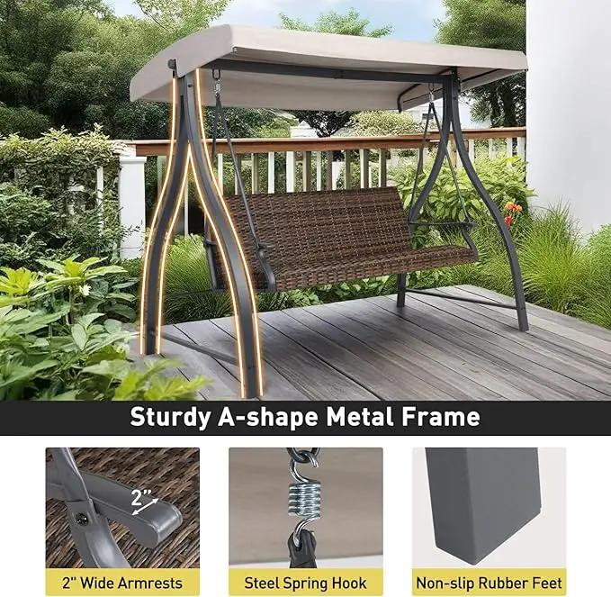 BPS 3 Seat Outdoor Porch Swing with Adjustable Canopy, PE Wicker Patio Swing Chair with Quick-Drying Foam Seat, 882 LBS Capacity, Proch Swings for Deck, Backyard, and Lawn, Khaki by GreenHaven Gardens