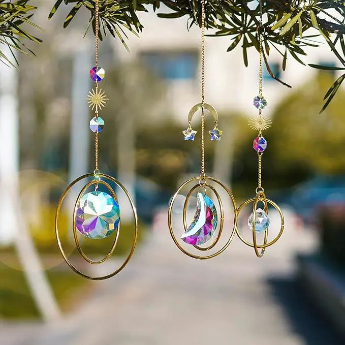 Set 3 Crystal Hanging Decorations - Sun & Moon Rainbow Crystal Suncatcher Window Car Hanging Prisms Ornament Pendant,Boho Love Wall Decoration,Home Garden Decor Gift by GreenHaven Gardens