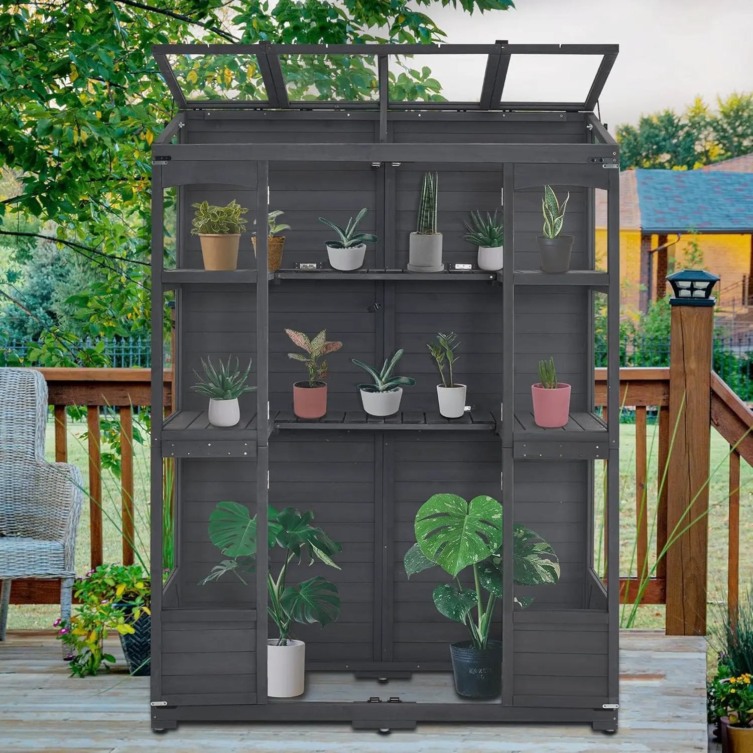 MCombo Wooden Greenhouse, Walk-in Outdoor Greenhouse with Openable Roof and Lockable Door, 0899 (Dark Grey) by GreenHaven Gardens