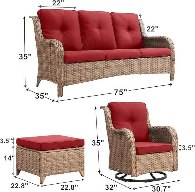 Outdoor Wicker Patio Furniture Set - 5 Piece Rattan Patio Conversation Set with 2 Rocking Swivel Chairs,2 Ottomans and 1 Sofa for Porch Deck Backyard Garden(Yellow/Red) by GreenHaven Gardens