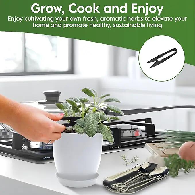 Indoor Garden Kit - Plant Pots with Drainage, Watering Can & Tools - Ideal Windowsill Planter Set - Modern Home & Kitchen Decor Gift - White by GreenHaven Gardens