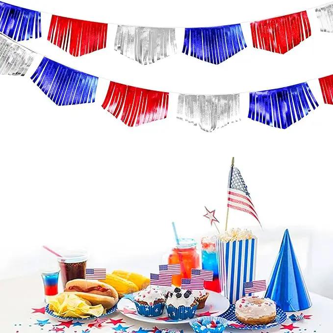 Blue Red Silver Tassel Banner Metallic Fabric Pennant Bunting Flag for 4th of July American USA National Day Patriotic Veterans Graduation Wedding Birthday Retirement Nautical Party Decorations by GreenHaven Gardens