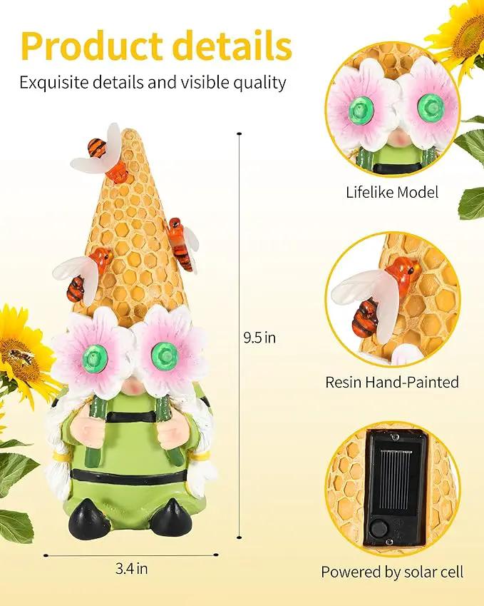 iStatue Solar Garden Gnome Figurine Light with Bees Sunflower, 9.5'' Resin Outdoor Statue for Yard Patio Decor Lawn Ornaments Porch Garden Gifts for Women/Girl (Ms Bee Gnome) by GreenHaven Gardens