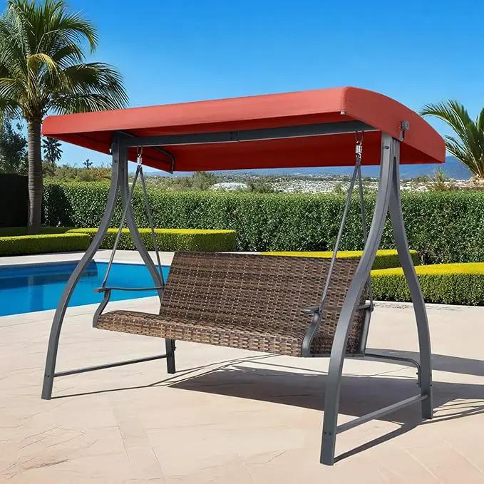 BPS 3 Seat Outdoor Porch Swing with Adjustable Canopy, PE Wicker Patio Swing Chair with Quick-Drying Foam Seat, 882 LBS Capacity, Proch Swings for Deck, Backyard, and Lawn, Red by GreenHaven Gardens