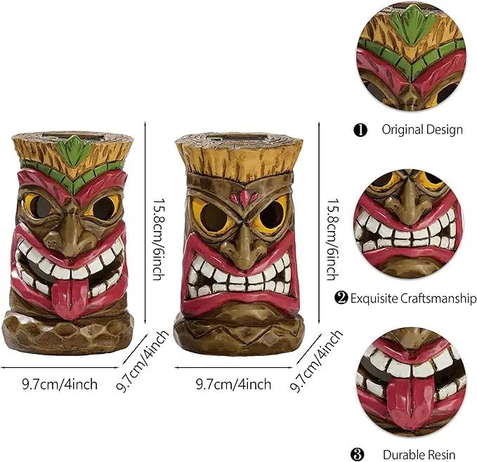 TERESA'S COLLECTIONS Tiki Head Garden Decor with Solar Outdoor Light, Set of 2 Tropical Hawaiian Tiki Torch Resin Christmas Decorations Garden Sculptures & Statues Yard Decor Thanksgiving Gifts 6" by GreenHaven Gardens