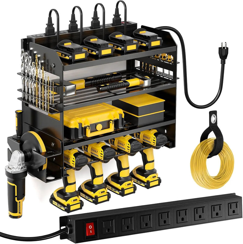 Power Tool Organizer Wall Mount with Charging Station,Tool Storage Rack with 8 Outlet Power Strip,Heavy Duty Metal Battery Utility Rack with 4 Cordless Drill Holder 6.56 Ft Cord for Garage by GreenHaven Gardens