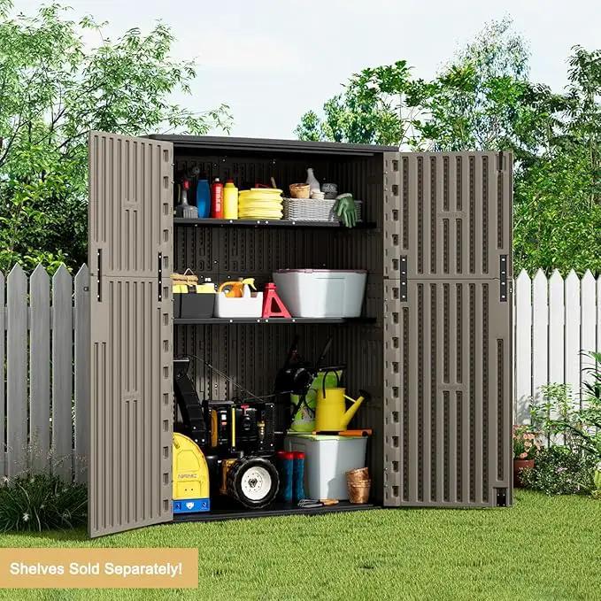 KINYING Outdoor Vertical Storage Shed,57 Cu.ft Outdoor Storage Cabinet Waterproof,Resin Sheds & Outdoor Storage Clearance for Garden,Patio,Backyard,Lockable (Brown) by GreenHaven Gardens