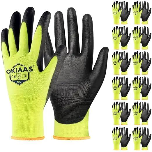 OKIAAS Work Gloves for Men，Ultra Thin and Lightweight Working Gloves with Grip, 12 Pairs Bulk Pack Construction Gloves with Polyurethane Coating, Safety Gloves for Light Duty Work (Green, Large) by GreenHaven Gardens