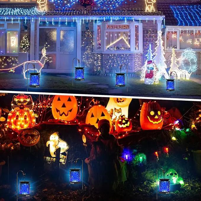 EOYIZW 99 LED Solar Lantern Flickering Flame Lights - 2 Pack Waterproof Garden Lights for Patio Yard Porch Lawn Decorations - Blue Solar Lanterns by GreenHaven Gardens