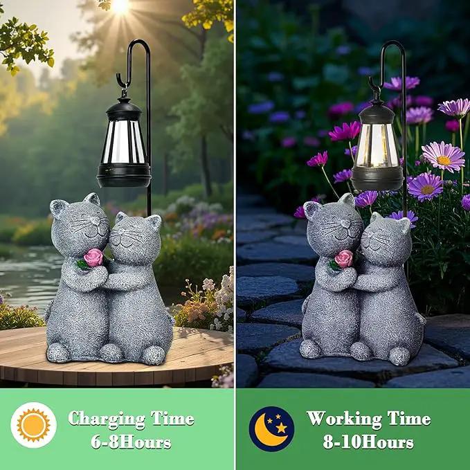 Cat Garden Statues with Solar Lantern Romantic Resin Kitty Couple Holding Rose Funny Cat Decor Gifts for Women Cats Figurines for Yard Lawn Porch Patio Decor by GreenHaven Gardens